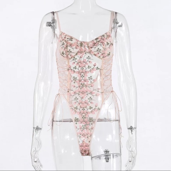 Lace Mesh Floral One Piece Bodysuit Lingerie Top - Picture 10 of 16